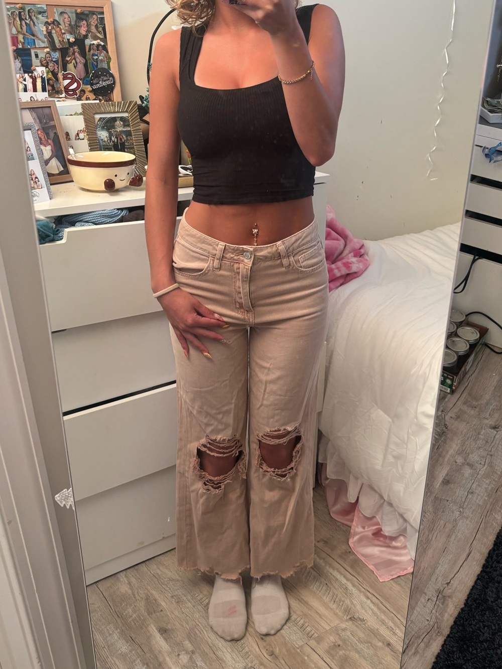 Altar'd State Pink/Beige Wide-Leg Distressed Jeans